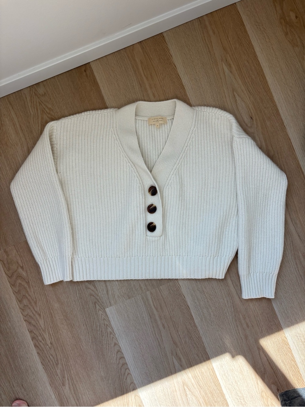 Sezane Cream V-Neck Button Ribbed Sweater - Picture 4 of 8